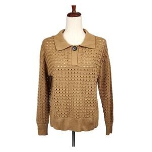 Joie Pointelle Knit Sweater Collared Long Sleeve Brown Women's US Size Small